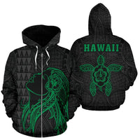 Polynesian Kakau Hula Girl Turtle Hibiscus Hawaii Zip Hoodie Green Unisex Green - Polynesian Pride
