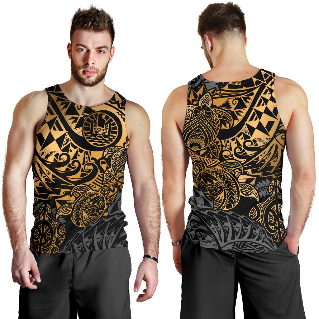 Tahiti Polynesian Men Tank Top - Gold Turtle Hibiscus Flowing - Polynesian Pride