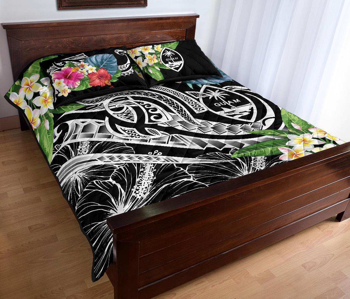 Guam Polynesian Quilt Bed Set - Summer Plumeria (Black) - Polynesian Pride