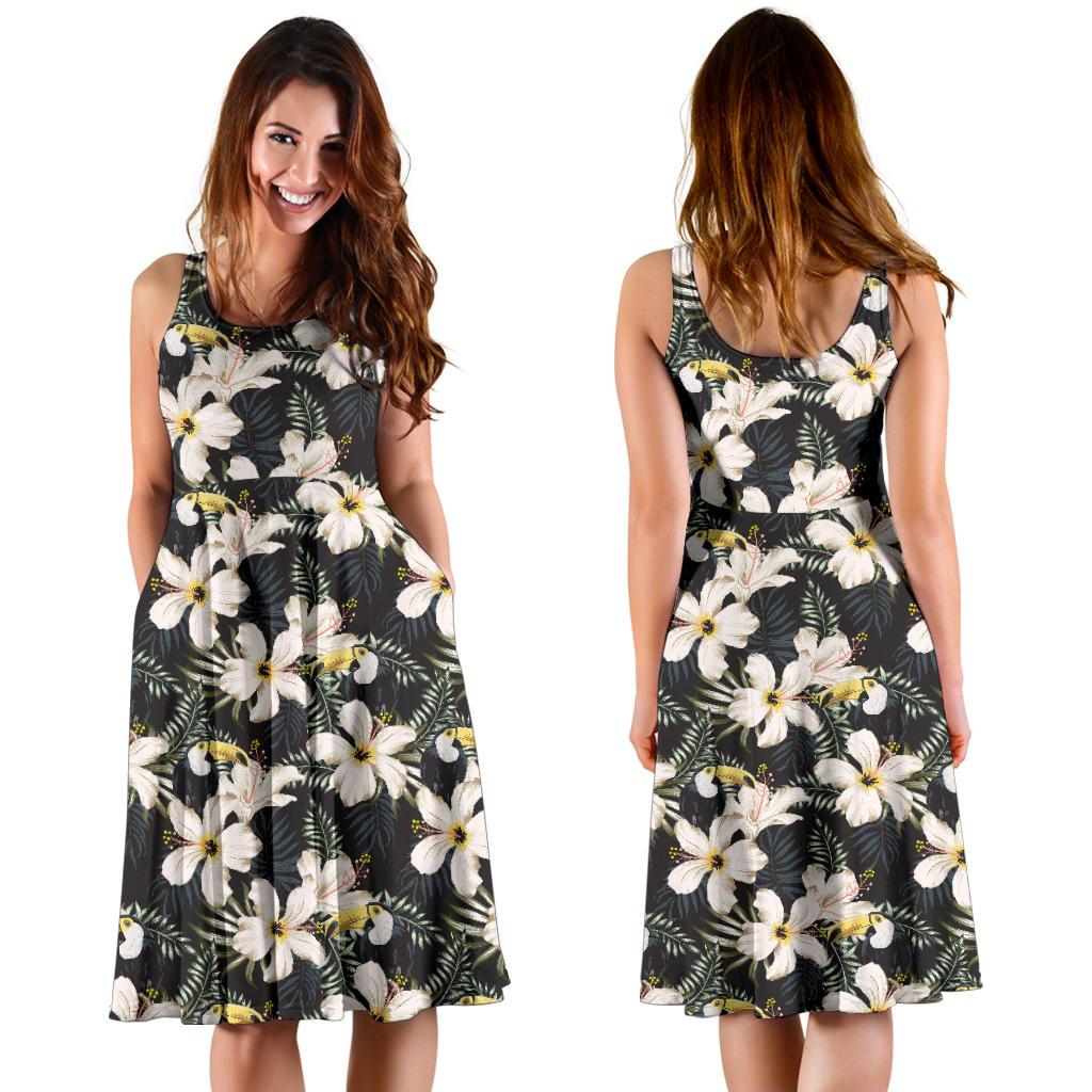 Hawaii Tropical Toucans Hibiscus Palm Leaves Midi Dress - Polynesian Pride