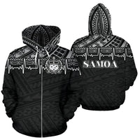 Samoa Polynesian All Over Zip up Hoodie Black White Heartbeat Style Unisex Black - Polynesian Pride