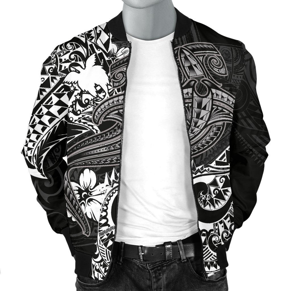 Papua New Guinea Men's Bomber Jacket - White Shark Polynesian Tattoo - Polynesian Pride