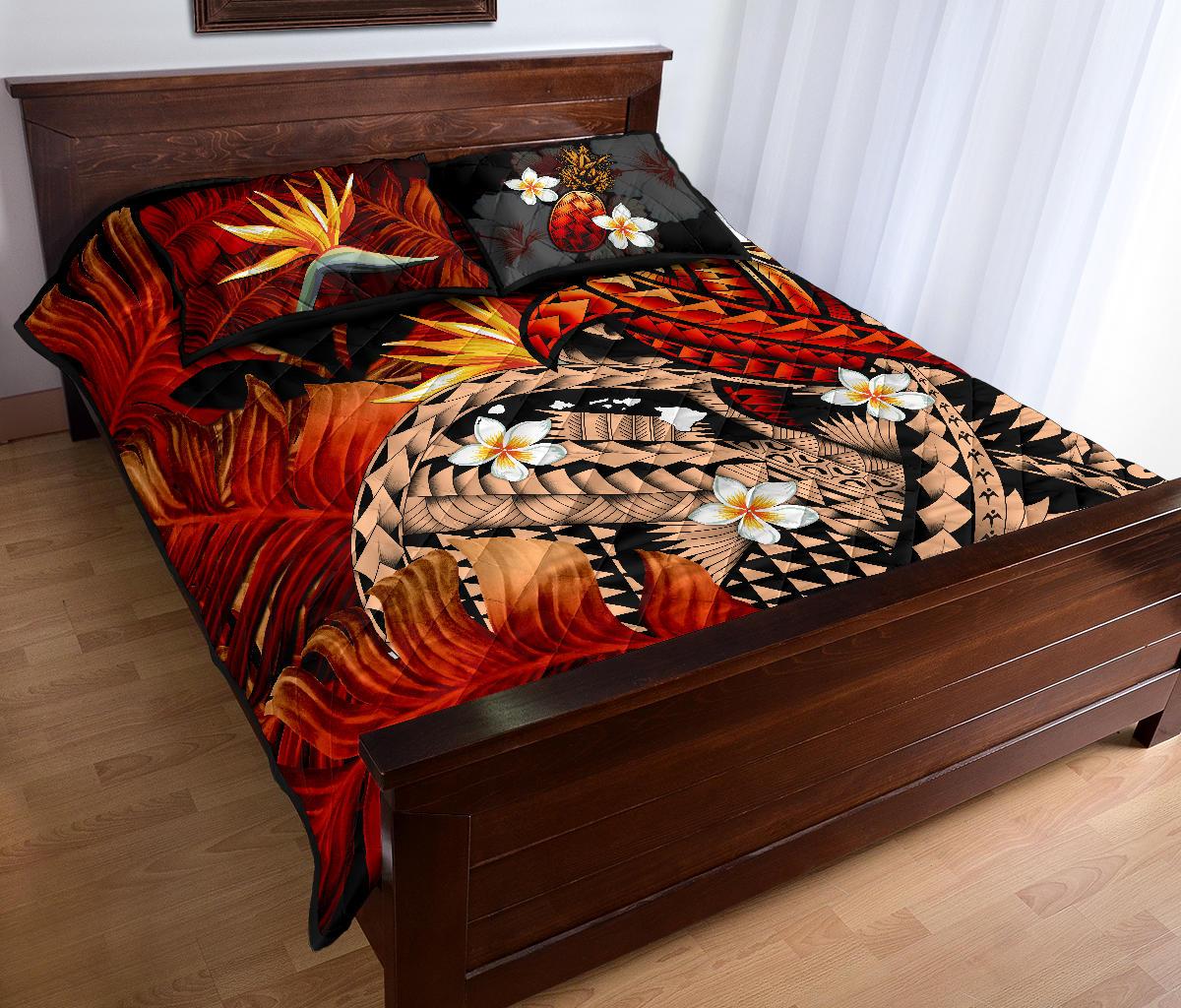 Kanaka Maoli (Hawaiian) Quilt Bed Set, Polynesian Pineapple Banana Leaves Turtle Tattoo Red - Polynesian Pride