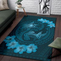 Hawaii Yin Yang Turtle Shark Hibiscus Plumeria Rug - Turquoise - Polynesian Pride