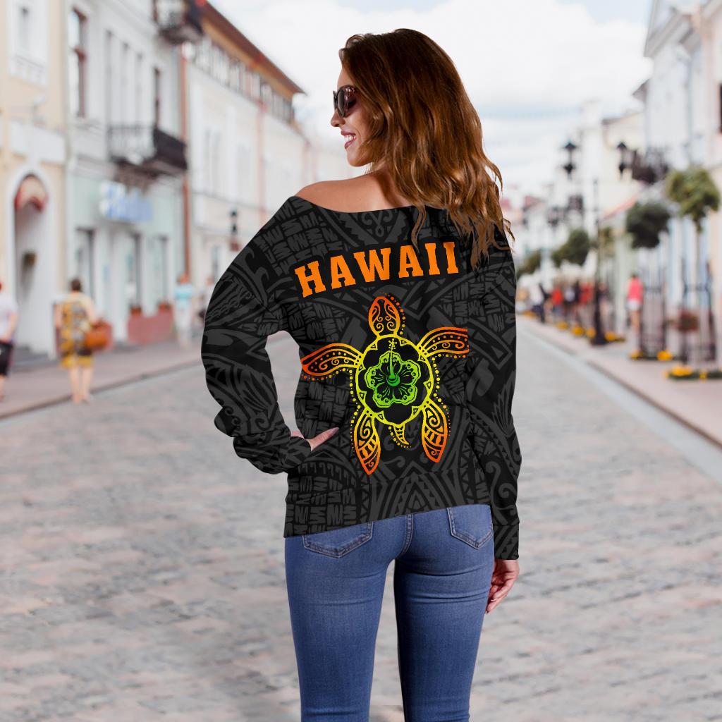 Hula Girl And Turtle Hibiscus Women's Off Shoulder Sweater - Polynesian Pride
