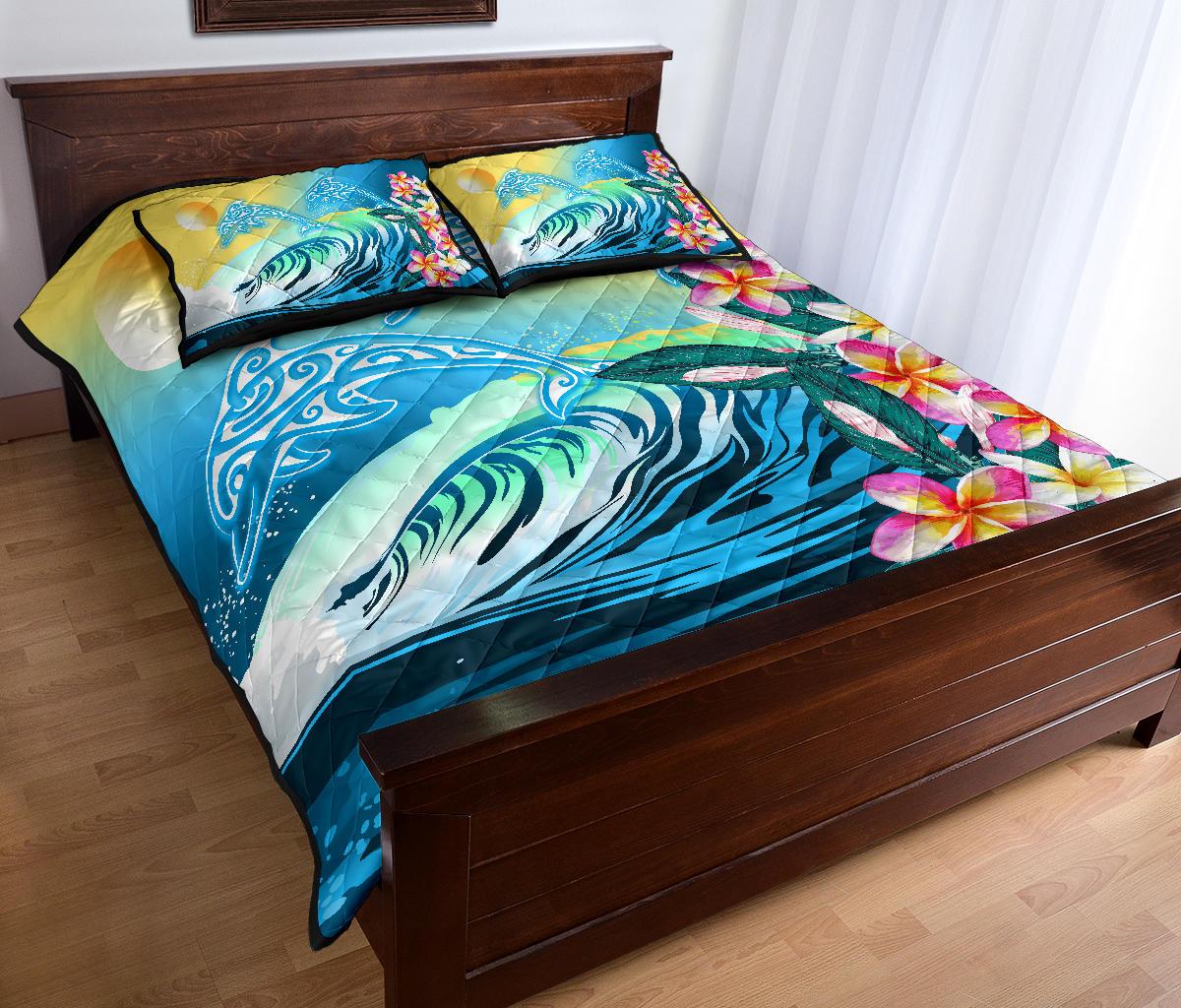 Hawaii Dolphin Plumeria Surfing Polynesian Quilt Bed Set - Muriel Style - AH - Polynesian Pride