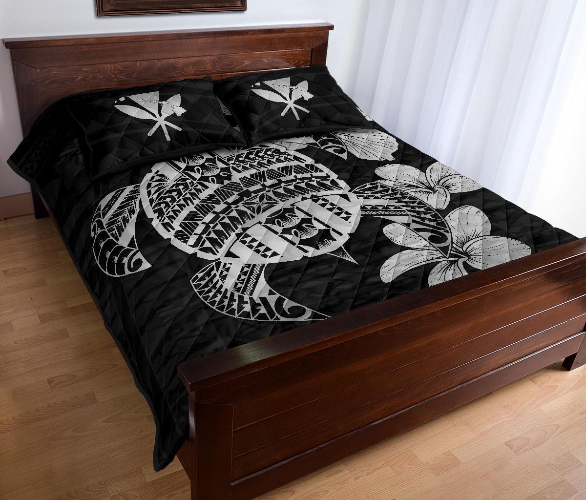 Hawaiian Kanaka Hibiscus Plumeria Mix Polynesian Turtle Quilt Bed Set Gray AH - Polynesian Pride