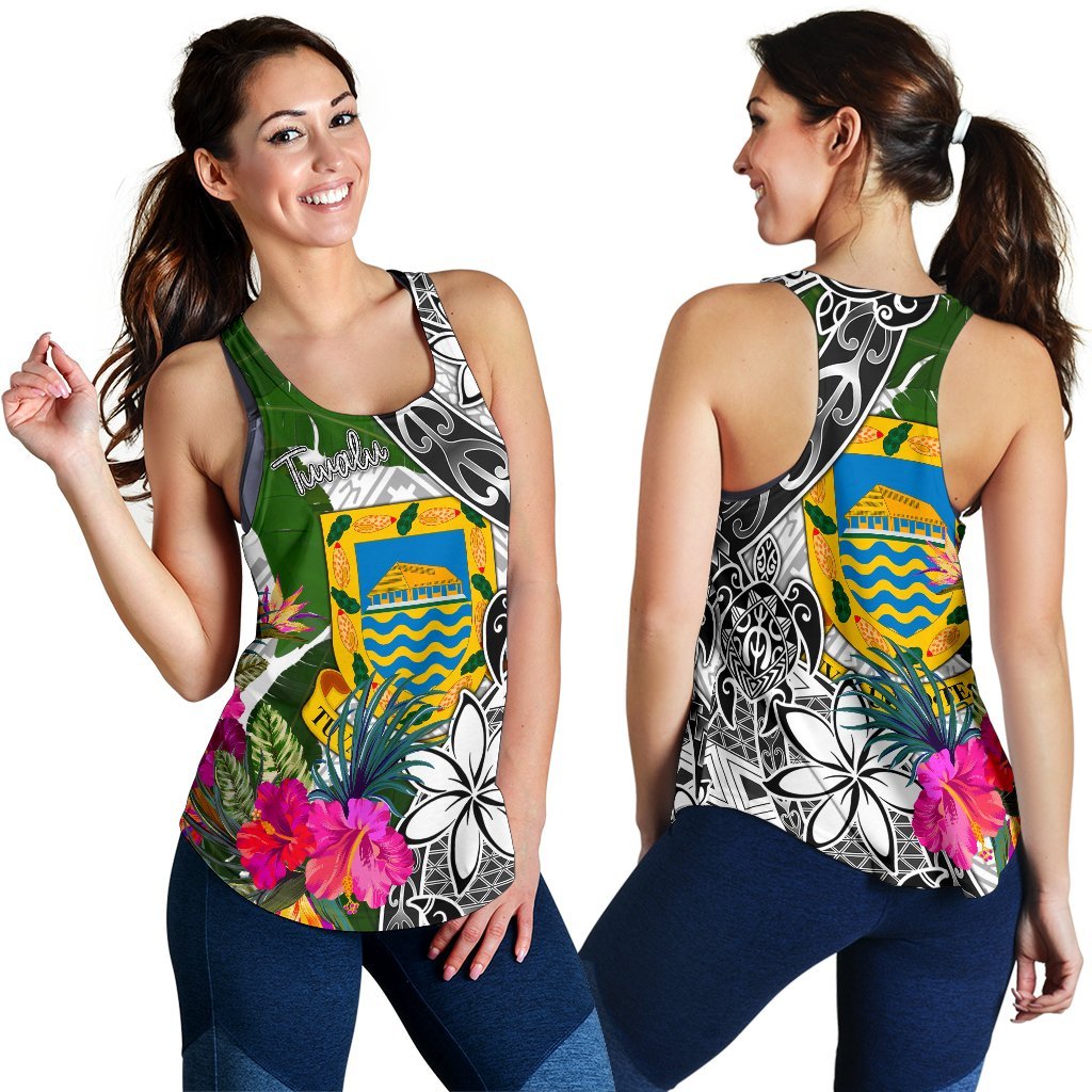 Tuvalu Women's Racerback Tank White - Turtle Plumeria Banana Leaf - Polynesian Pride