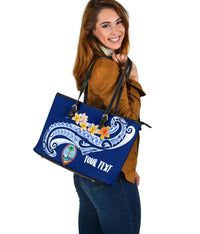 Guam Personalised Large Leather Tote Bag - Guam Seal Polynesian Patterns Plumeria (Blue) - Polynesian Pride