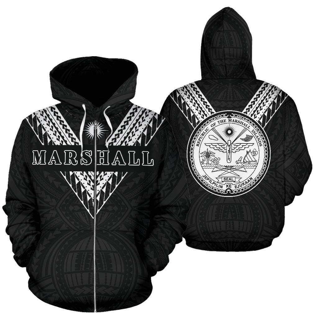 Marshall Islands All Over Zip up Hoodie Black White Sailor Style Unisex Black - Polynesian Pride