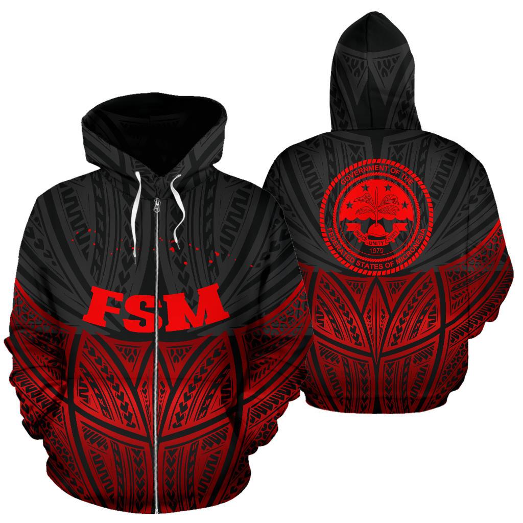 Federated States of Micronesia Polynesian Zip up Hoodie Red Black Pride Map and Seal Unisex Black - Polynesian Pride