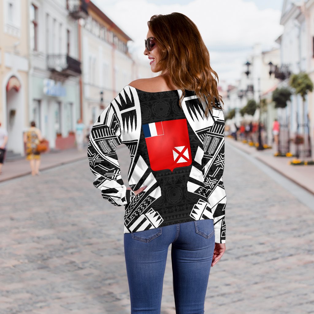 Wallis And Futuna Women's Off Shoulder Sweater - Polynesian Tattoo Black - Polynesian Pride