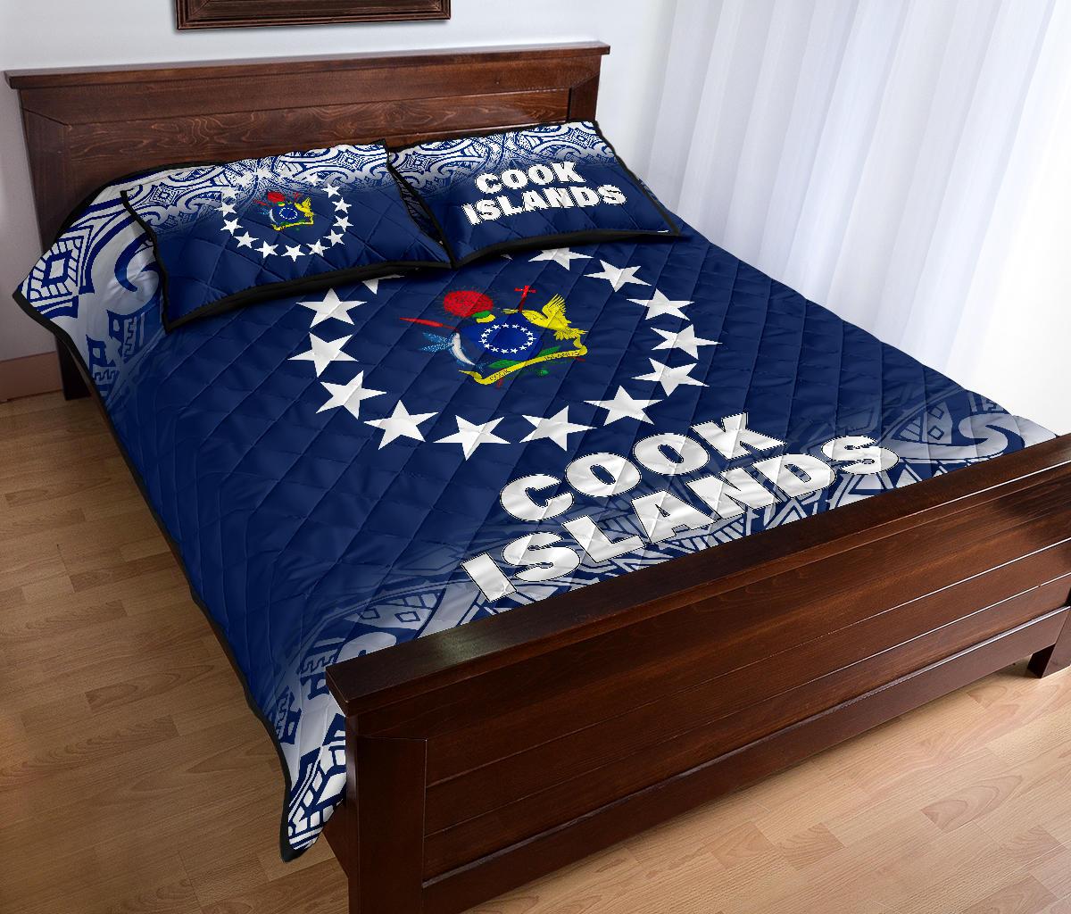 Cook Islands Quilt Bed Set - Cook Islands Flag Coat Of Arms Polynesian Tattoo Blue Fog Style - Polynesian Pride