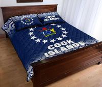 Cook Islands Quilt Bed Set - Cook Islands Flag Coat Of Arms Polynesian Tattoo Blue Fog Style - Polynesian Pride