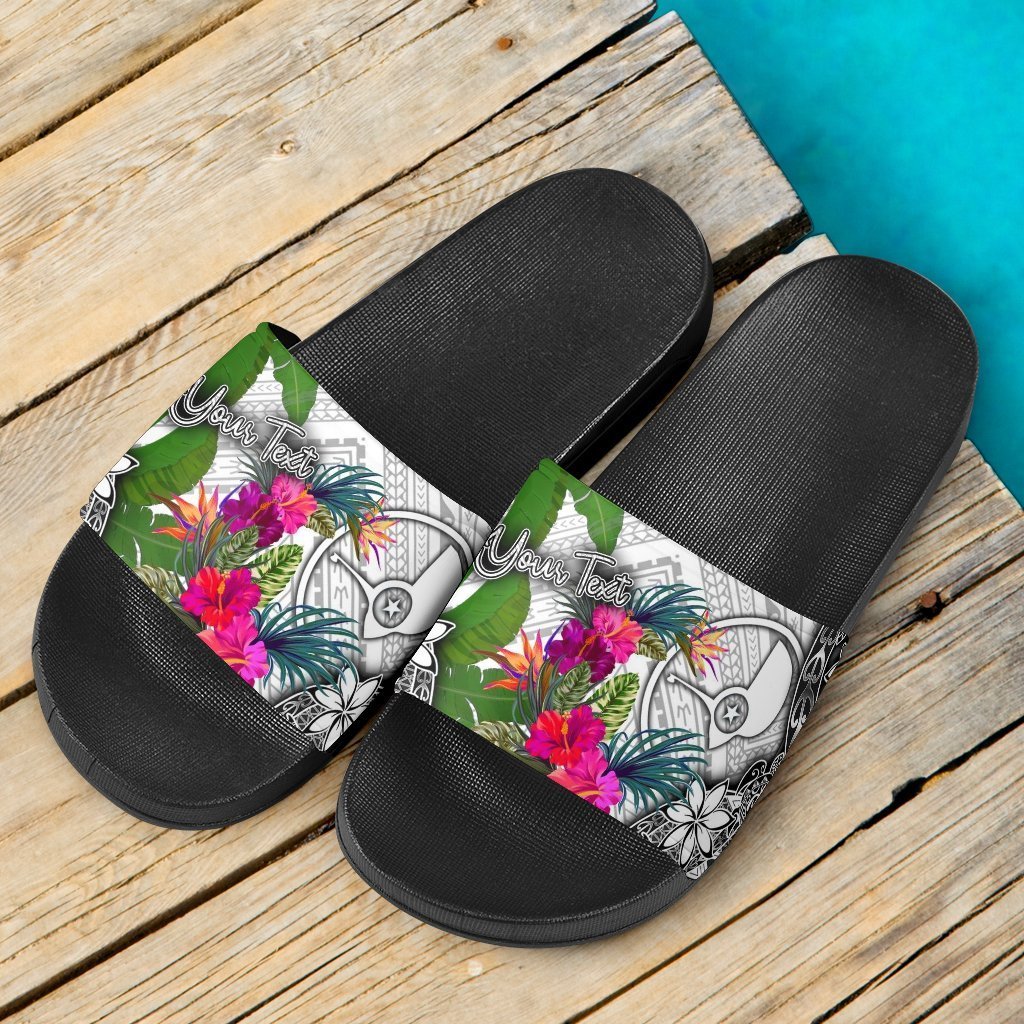 Yap Custom Personalised Slide Sandals White - Turtle Plumeria Banana Leaf - Polynesian Pride