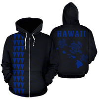 Polynesian Kakau Three Turtle Map of Hawaii Zip Hoodie Blue Unisex Blue - Polynesian Pride