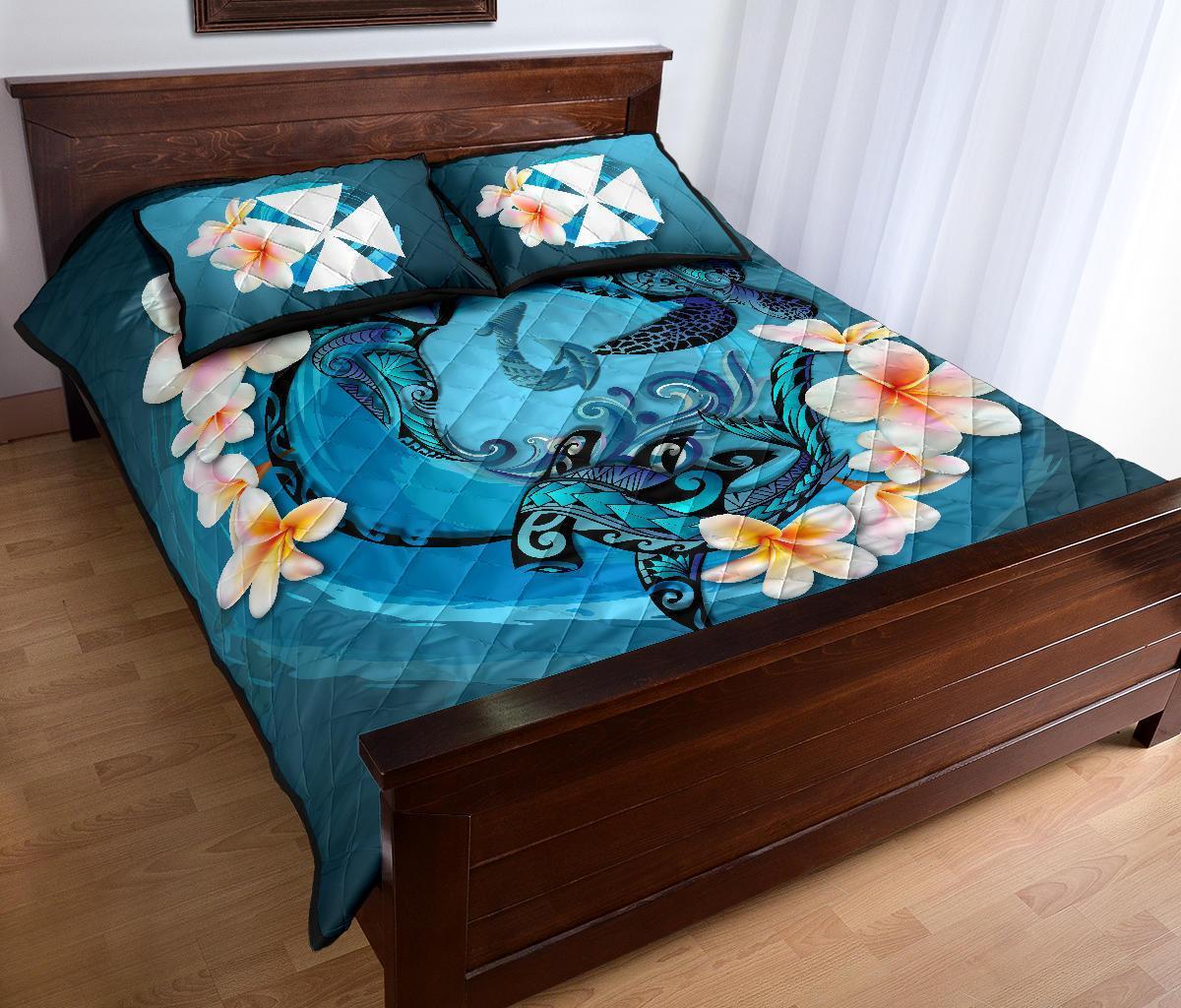 Wallis and Futuna Polynesian Quilt Bed Set - Blue Plumeria Animal Tattoo - Polynesian Pride