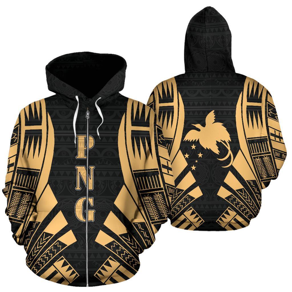 Papua New Guinea Polynesian All Over Zip up Hoodie Gold Tattoo Unisex Black - Gold - Polynesian Pride