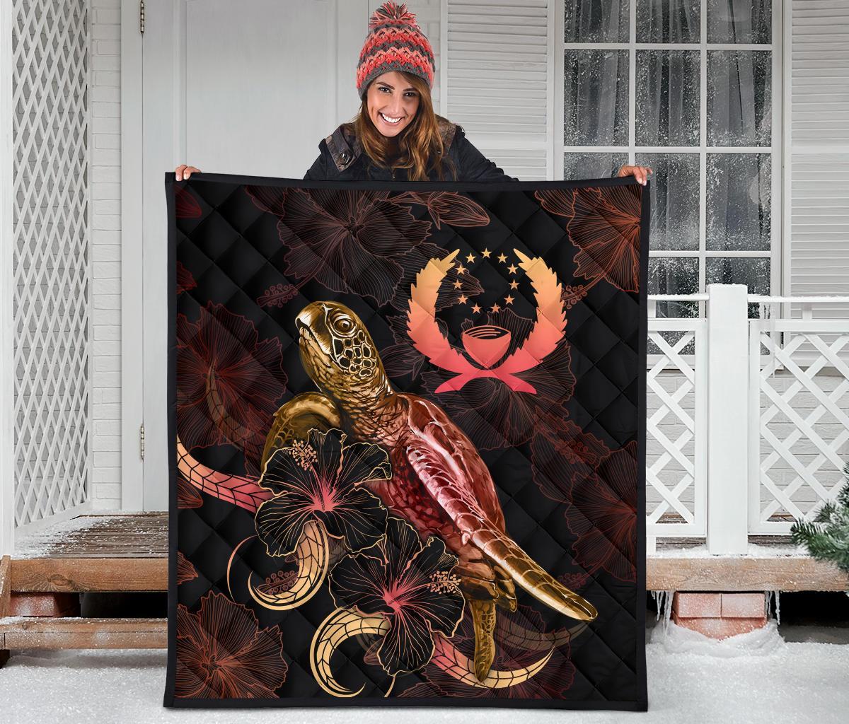 Pohnpei Polynesian Premium Quilt - Turtle With Blooming Hibiscus Gold - Polynesian Pride