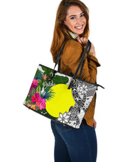 Palau Large Leather Tote Bag White - Turtle Plumeria Banana Leaf - Polynesian Pride