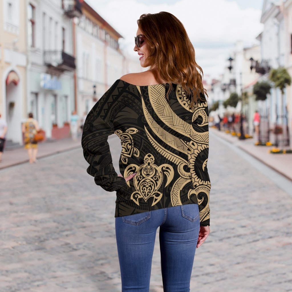 Fiji Polynesian Women Of Shoulder Sweater - Gold Tentacle Turtle Crest - Polynesian Pride
