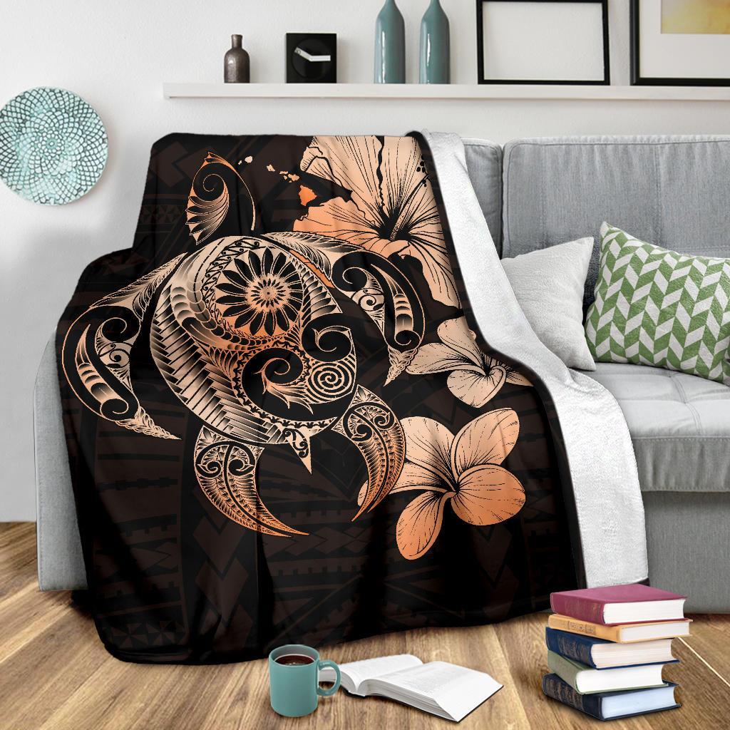 Hibiscus Plumeria Mix Polynesian Orange Turtle Premium Blanket - Polynesian Pride