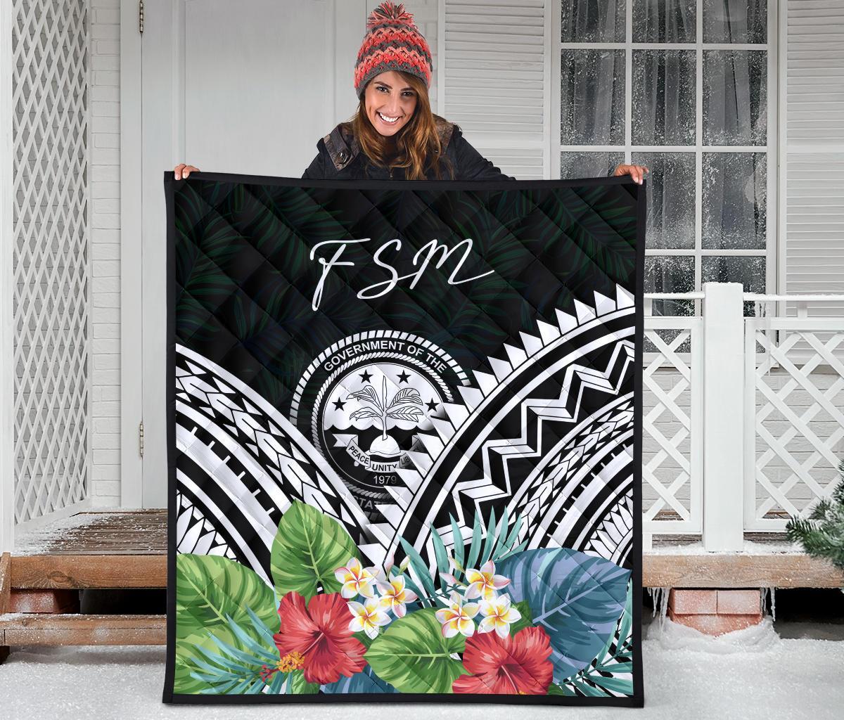 FSM Premium Quilt - FSM Coat of Arms & Polynesian Tropical Flowers White - Polynesian Pride
