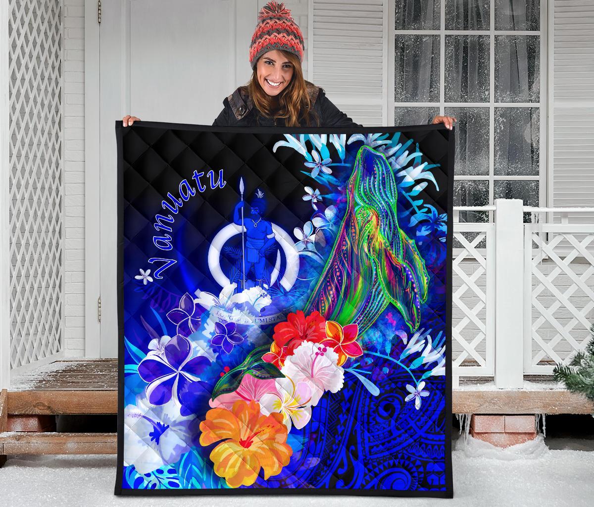 Vanuatu Premium Quilt - Humpback Whale with Tropical Flowers (Blue) - Polynesian Pride