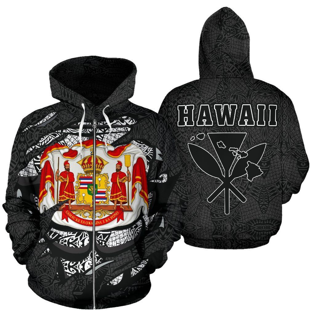 Polynesian Kanaka Maoli Royal Coat of Arms Hawaii Zip Hoodie Gray Unisex Gray - Polynesian Pride