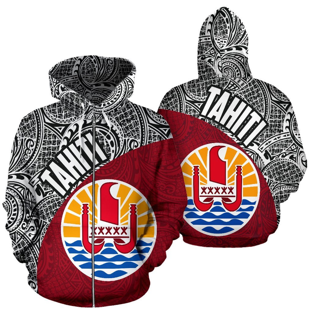 Tahiti Zip up Hoodie Tahiti Flag Polynesia Tattoo Red Unisex Black - Polynesian Pride