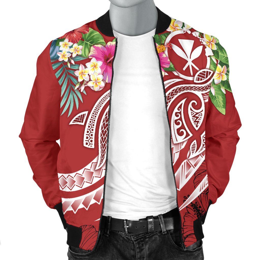 Polynesian Hawaii Kanaka Maoli Men's Bomber Jacket - Summer Plumeria (Red) - Polynesian Pride