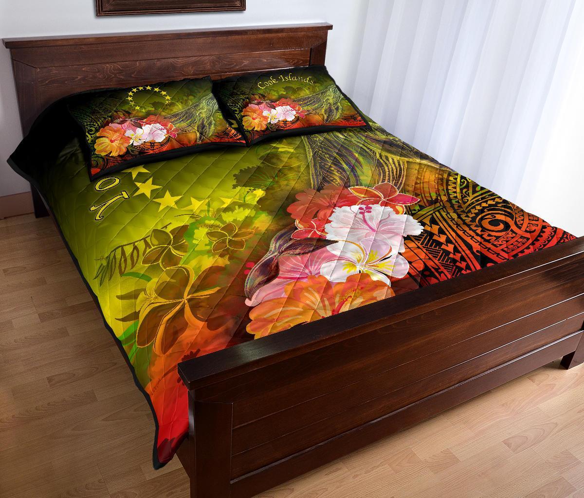 Cook Islands Custom Personalised Quilt Bed Sets - Humpback Whale with Tropical Flowers (Yellow) - Polynesian Pride