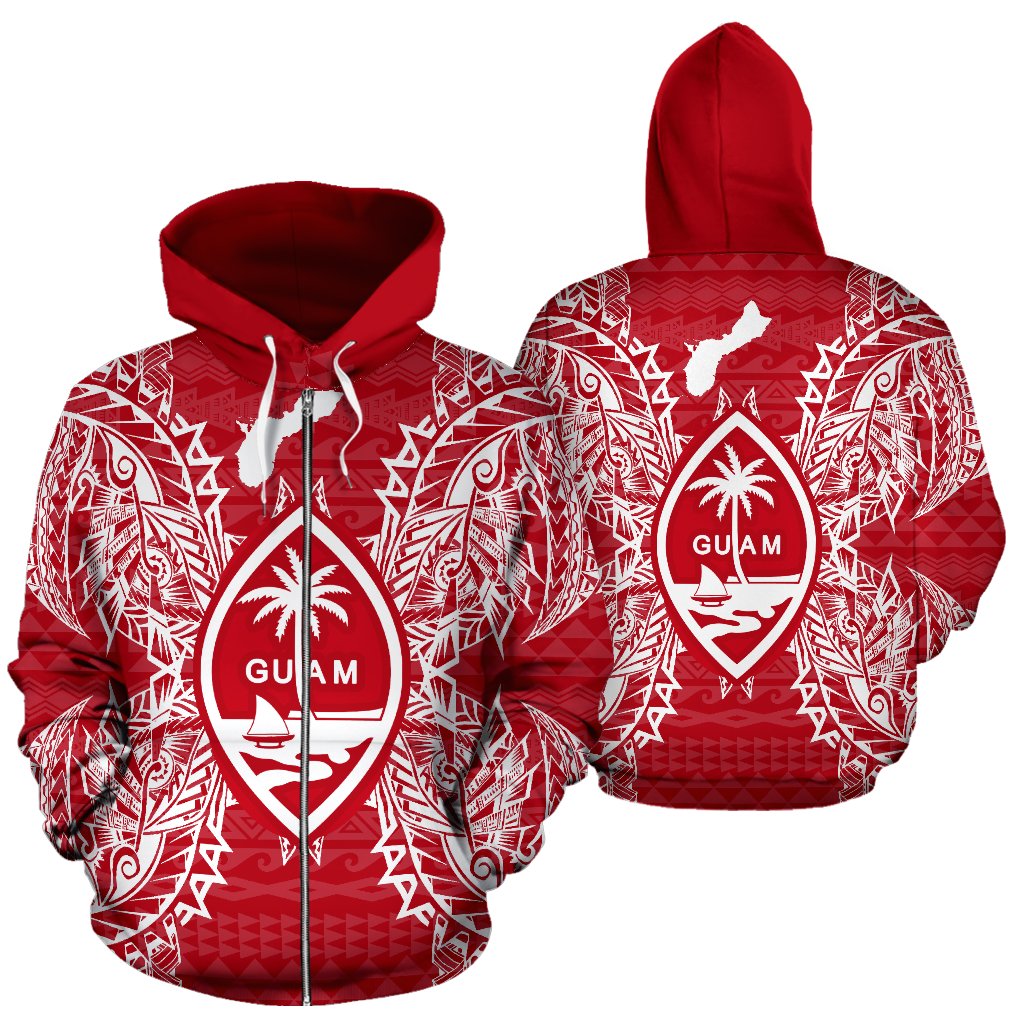 Guam Polynesian All Over Zip up Hoodie Map Red White Unisex Red - Polynesian Pride