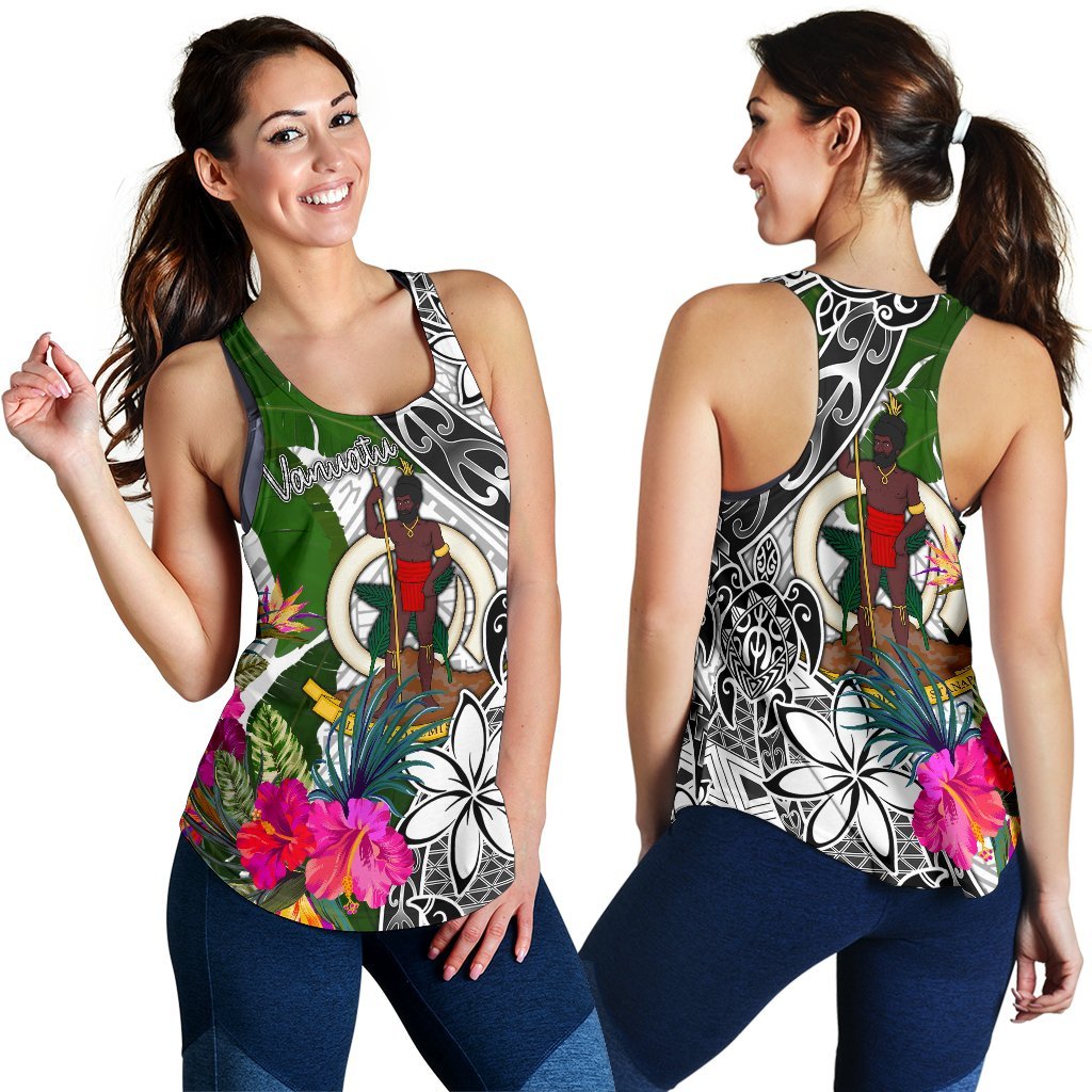 Vanuatu Women's Racerback Tank White - Turtle Plumeria Banana Leaf - Polynesian Pride