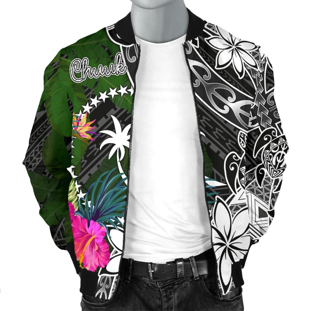 Chuuk Men Bomber Jacket - Turtle Plumeria Banana Leaf - Polynesian Pride