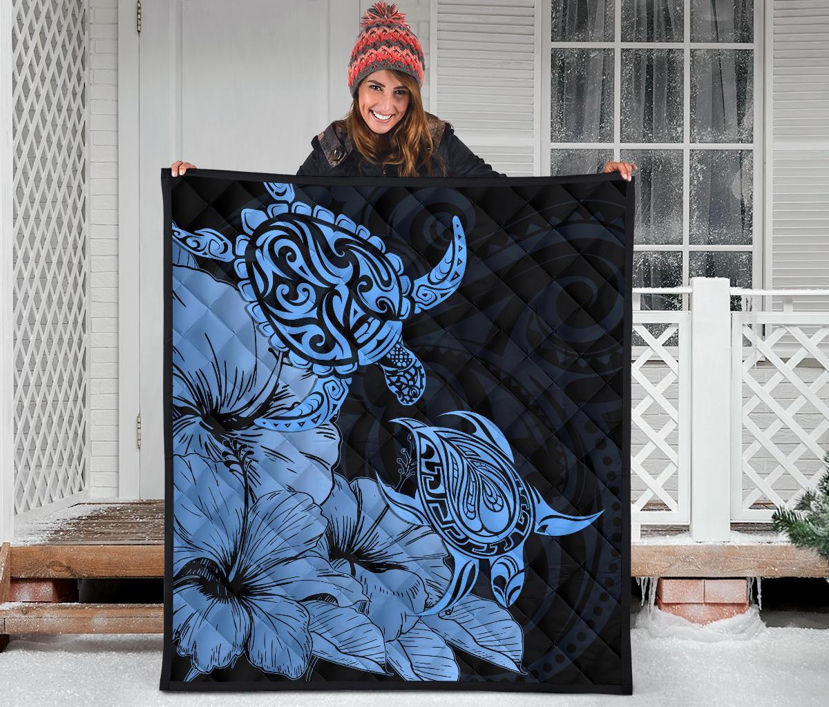 Hawaii Turtle Premium Quilt Polynesian Hibiscus Art Blue AH - Polynesian Pride