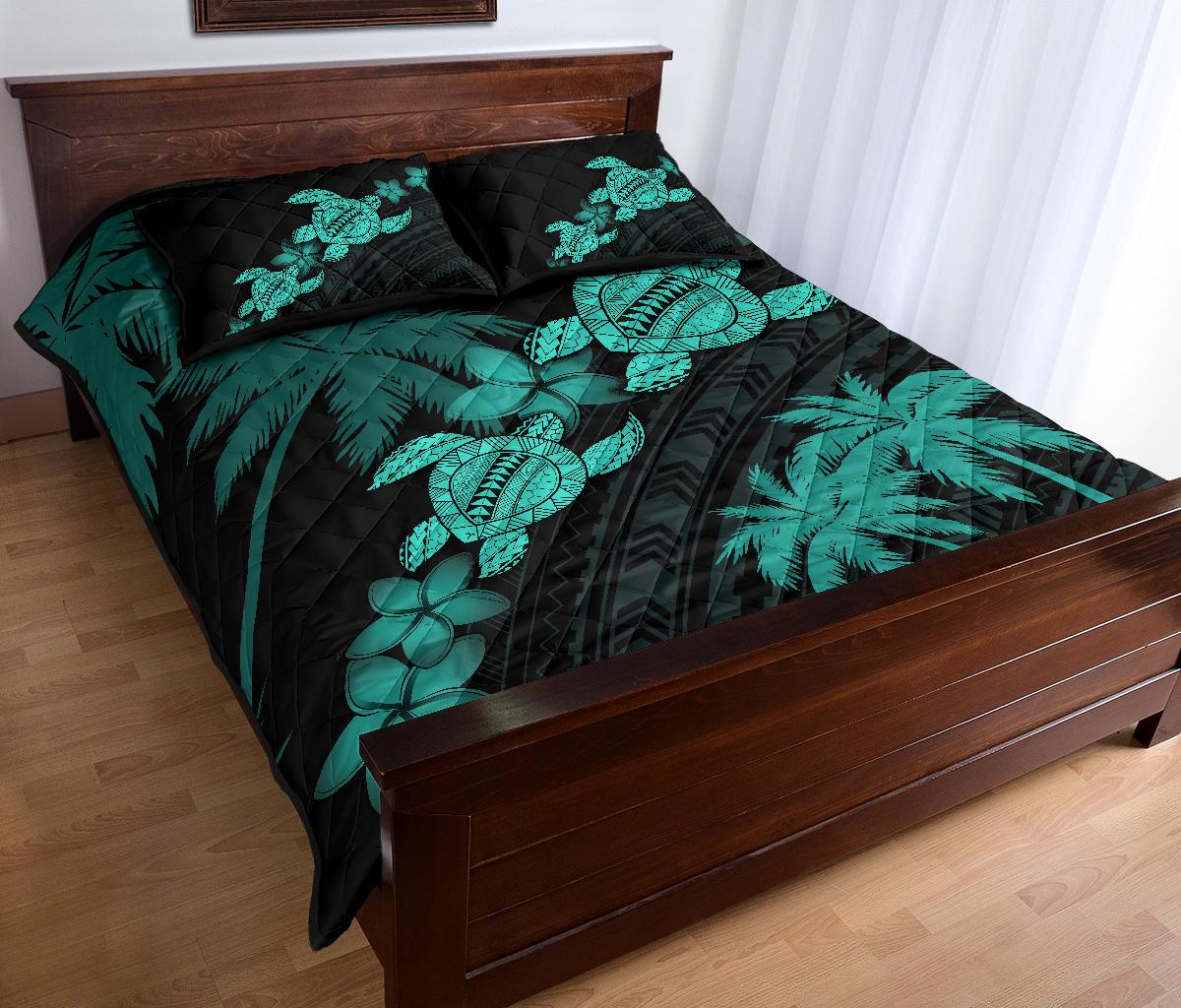 Hawaii Turtle Plumeria Coconut Tree Polynesian Quilt Bed Set - Turquoise - Polynesian Pride