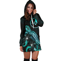 Yap Polynesian Hoodie Dress - Turtle With Blooming Hibiscus Turquoise - Polynesian Pride