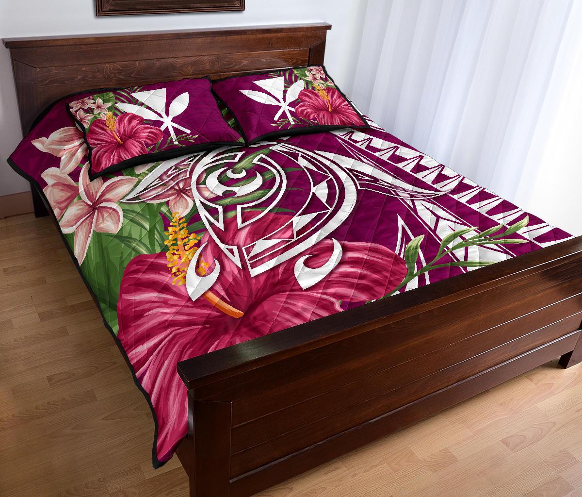 Hawaii Polynesian Turtle Tropical Hibiscus Plumeria Quilt Bed Set - Pink - Polynesian Pride
