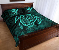 Hawaii Turtle Kanaka Map Hibiscus Poly Quilt Bed Set - Turquoise - Polynesian Pride