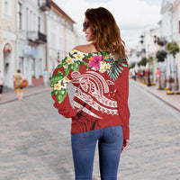 Papua New Guinea Polynesian Women's Off Shoulder Sweater - Summer Plumeria (Red) - Polynesian Pride