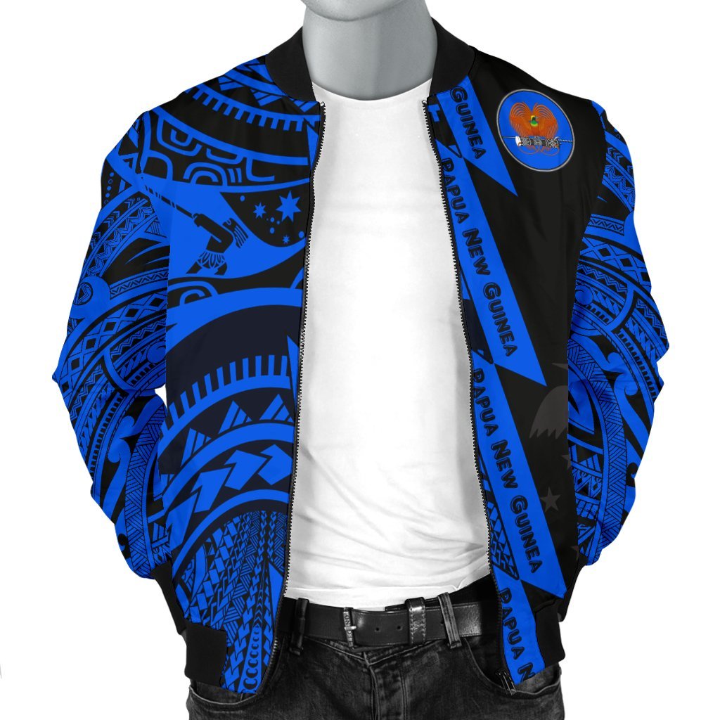Polynesian Guinea Men's Bomber Jacket - Moana Maui Tattoo With Coat Of Arm Guinea Blue - Polynesian Pride