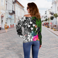 Kosrae Off Shoulder Sweater - Turtle Plumeria Banana Leaf - Polynesian Pride