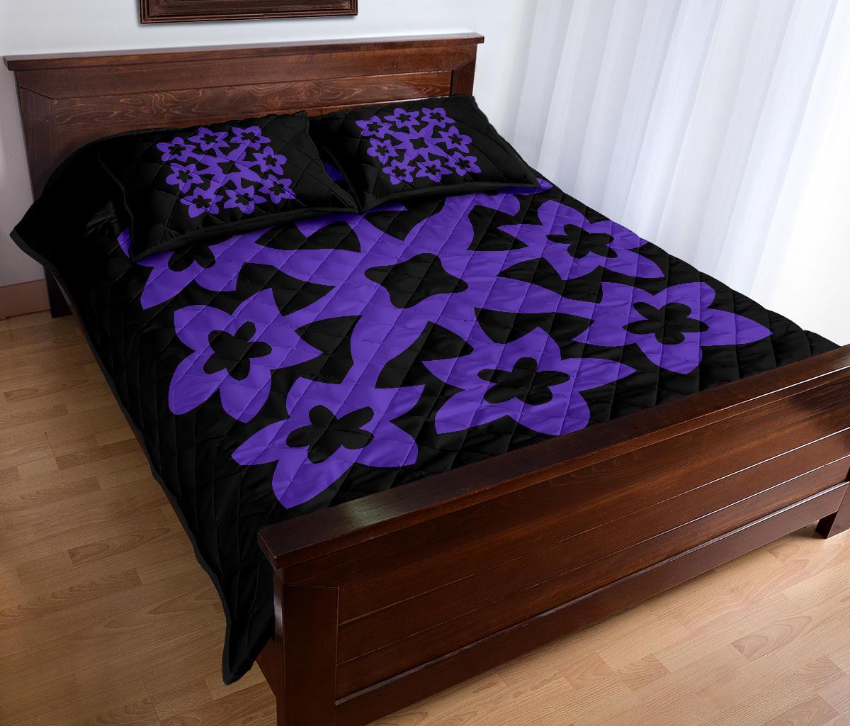 Hawaiian Quilt Bed Set Royal Pattern - Black And Purple - A1 Style - Polynesian Pride