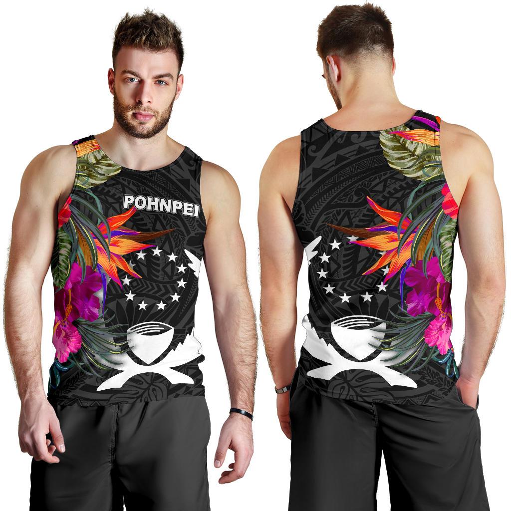 Pohnpei Men's Tank Top - Polynesian Hibiscus Pattern Black - Polynesian Pride