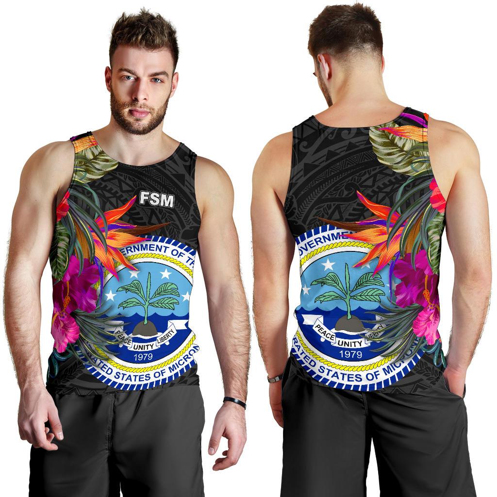 Federated States of Micronesia Men's Tank Top - Polynesian Hibiscus Pattern Black - Polynesian Pride