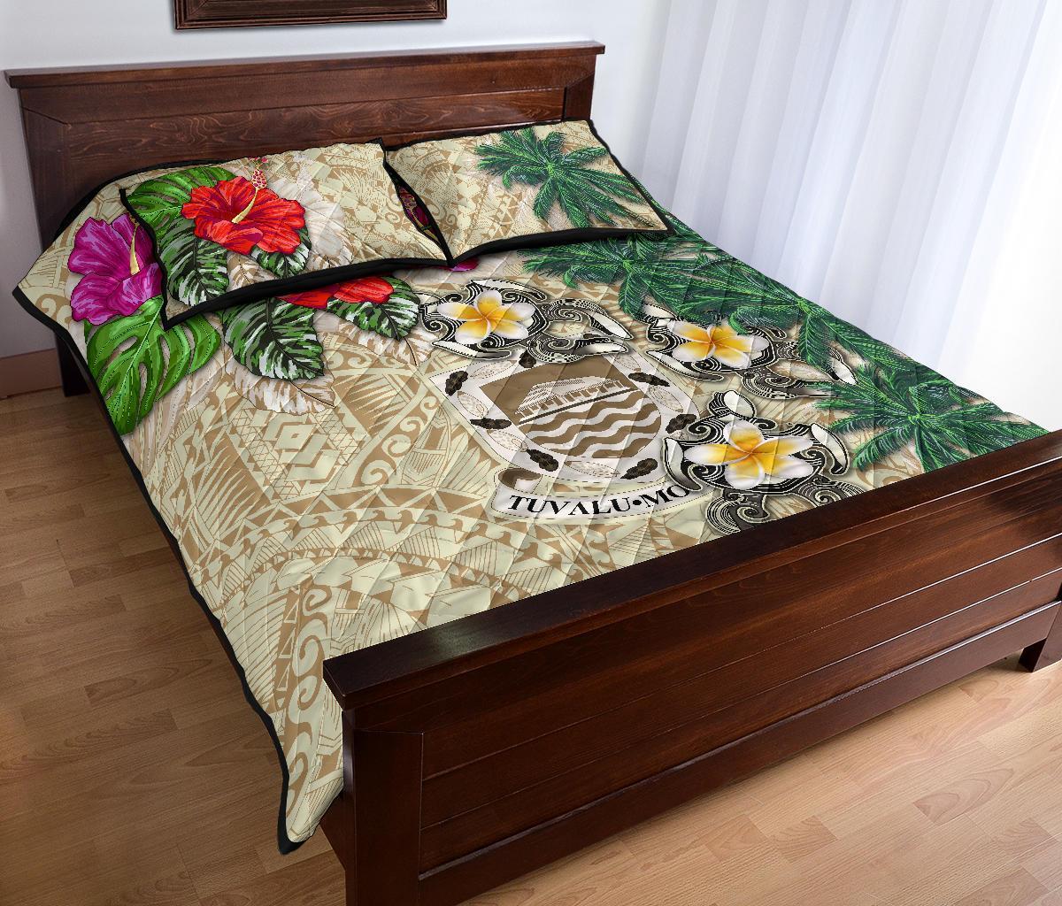 Tuvalu Polynesian Quilt Bed Set - Hibiscus Turtle Tattoo Beige - Polynesian Pride