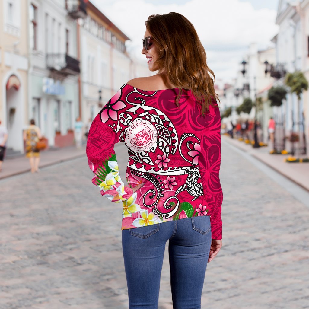 Hawaii Polynesian Women's Off Shoulder Sweater - Hawaii Seal With Turtle Plumeria (Pink) - Polynesian Pride