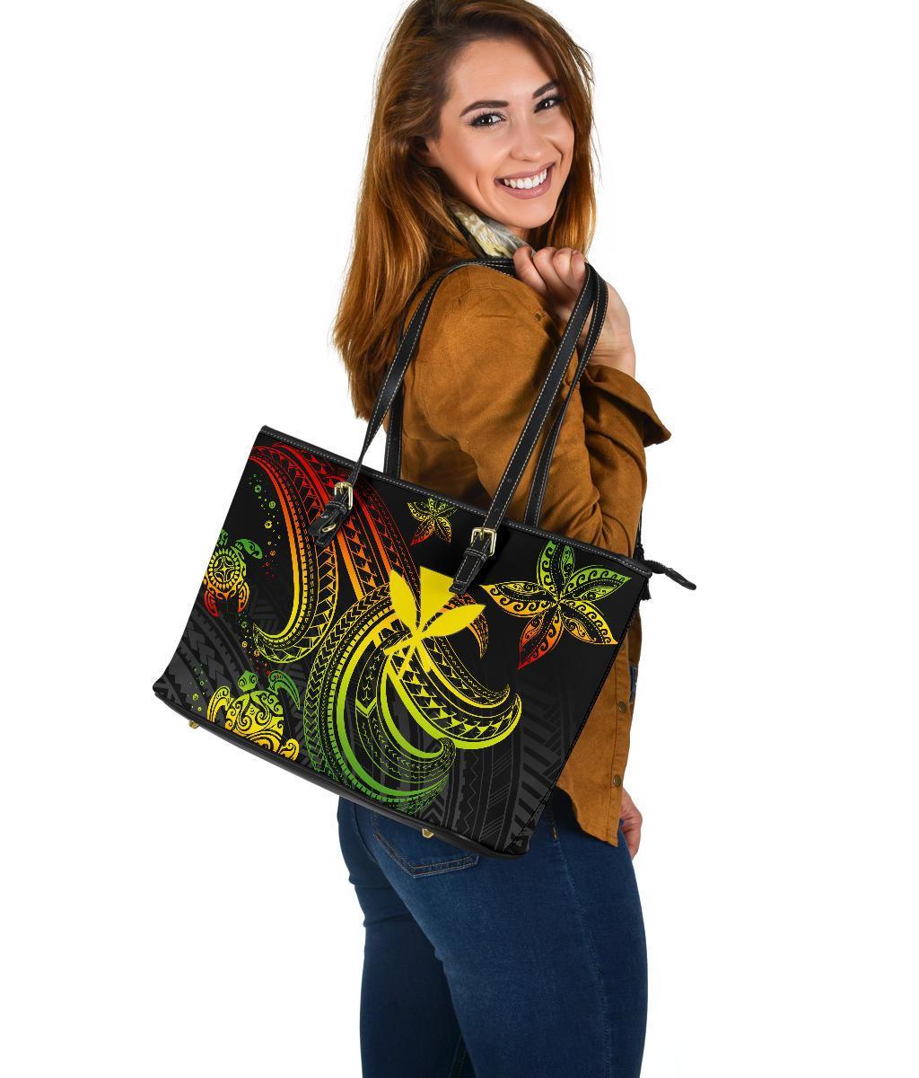 Hawaii Large Leather Tote Bag - Reggae Turtle - Polynesian Pride