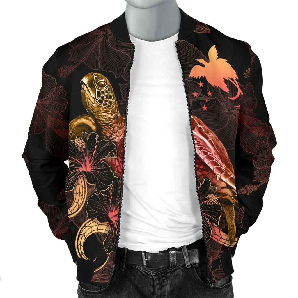 Papua New Guinea Polynesian Men's Bomber Jacket - Turtle With Blooming Hibiscus Gold - Polynesian Pride
